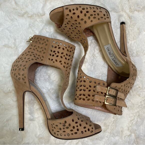 Jimmy Choo Peach Pink Laser Cut Suede Peep Toe Heeled Sandals Women’s Size 36.5 - Picture 1 of 16